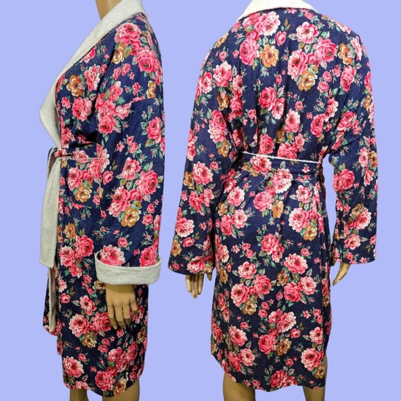 Vintage Diamond Tea Floral Cotton Robe Size L Terry Lined Navy Blue Pink - Picture 7 of 11